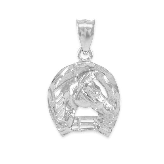 Gold Horseshoe with Horse Head Charm Pendant Necklace (Yellow, White and Rose)