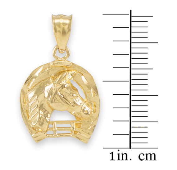 Gold Horseshoe with Horse Head Charm Pendant Necklace (Yellow, White and Rose)
