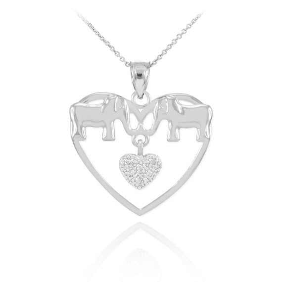 White Gold Elephant and Heart Pendant Necklace