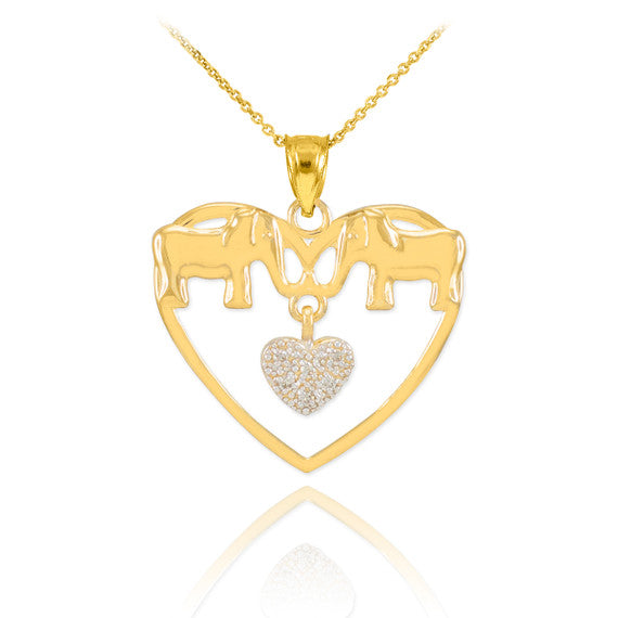 Gold Elephant and Heart Pendant Necklace with Diamonds