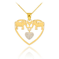 Gold Elephant and Heart Pendant Necklace with Diamonds