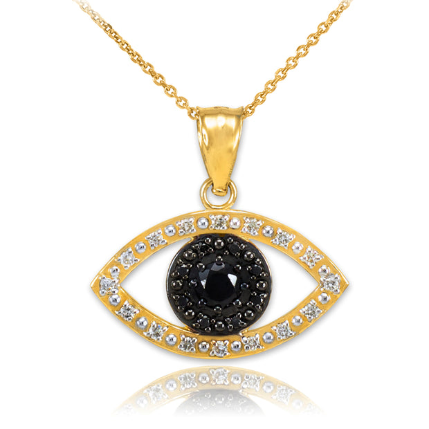 Gold Evil Eye Pendant Necklace with Clear and Black Diamonds(Available In Yellow/Rose/White Gold)