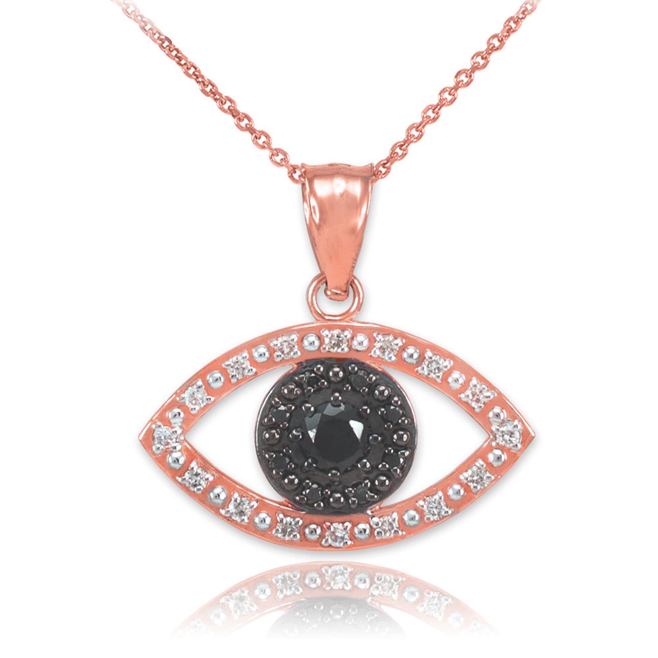 Gold Evil Eye Pendant Necklace with Clear and Black Diamonds(Available In Yellow/Rose/White Gold)