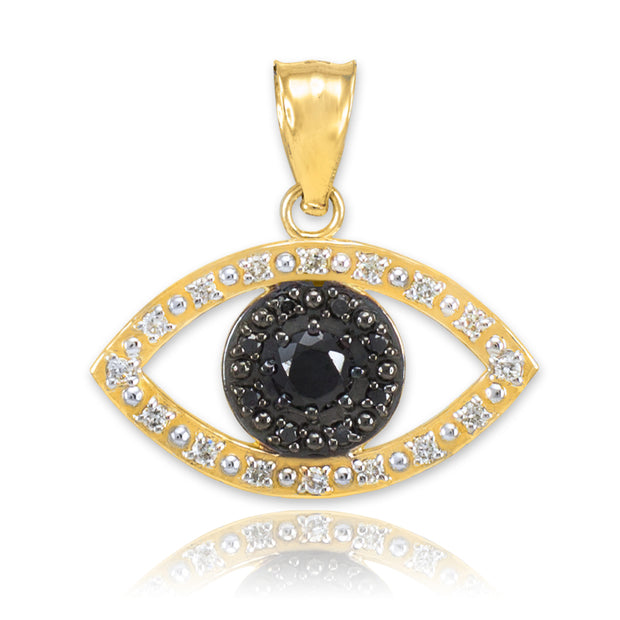 Gold Evil Eye Pendant Necklace with Clear and Black Diamonds(Available In Yellow/Rose/White Gold)