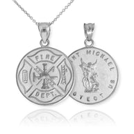 Sterling Silver Firefighter Badge Reversible St. Michael Pendant Necklace