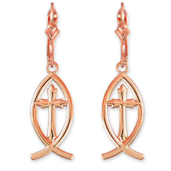 Gold Ichthus Cross Earrings(Available in Yellow/Rose/White Gold)