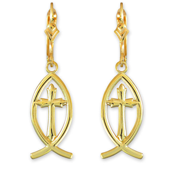 Gold Ichthus Cross Earrings(Available in Yellow/Rose/White Gold)