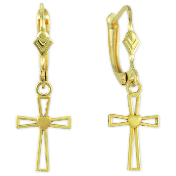 Gold Heart Cross Dangle Earrings