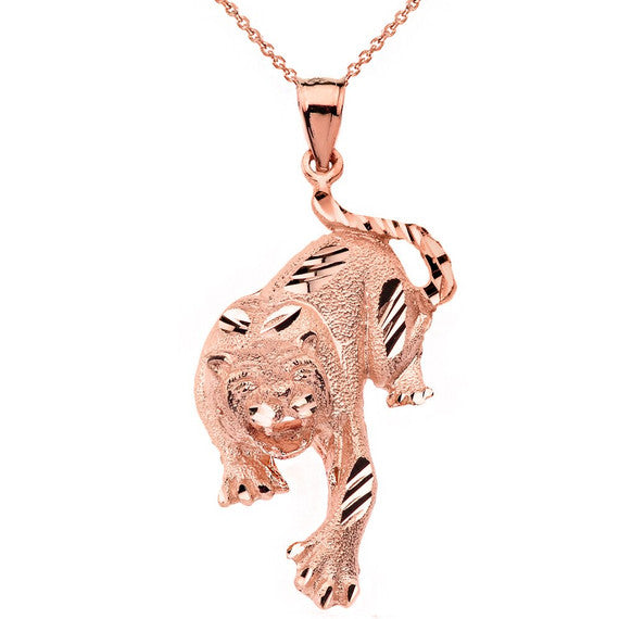 Sparkle Cut Tiger Pendant Necklace in Solid Gold (Yellow/Rose/White)