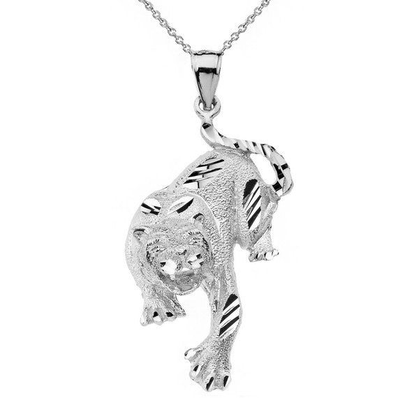 Sparkle Cut Tiger Pendant Necklace in Solid Gold (Yellow/Rose/White)