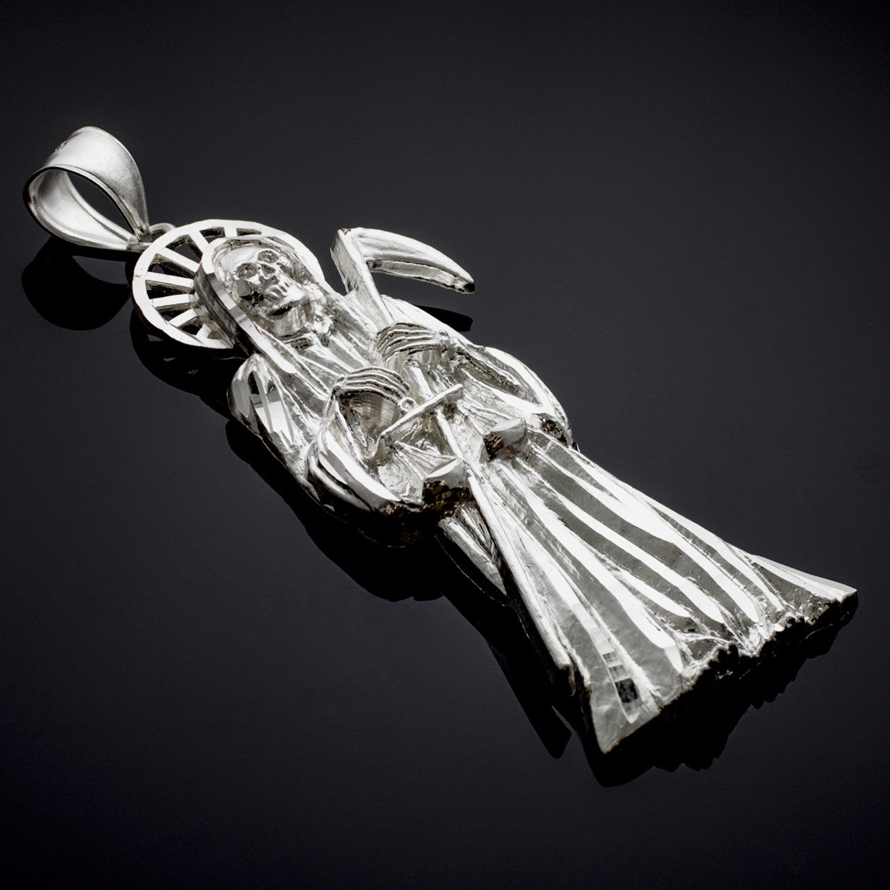 Silver Santa Muerte Grim Reaper Large Pendant