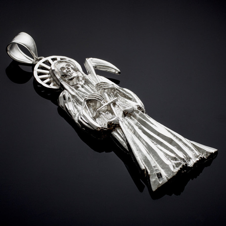 Silver Santa Muerte Grim Reaper Large Pendant