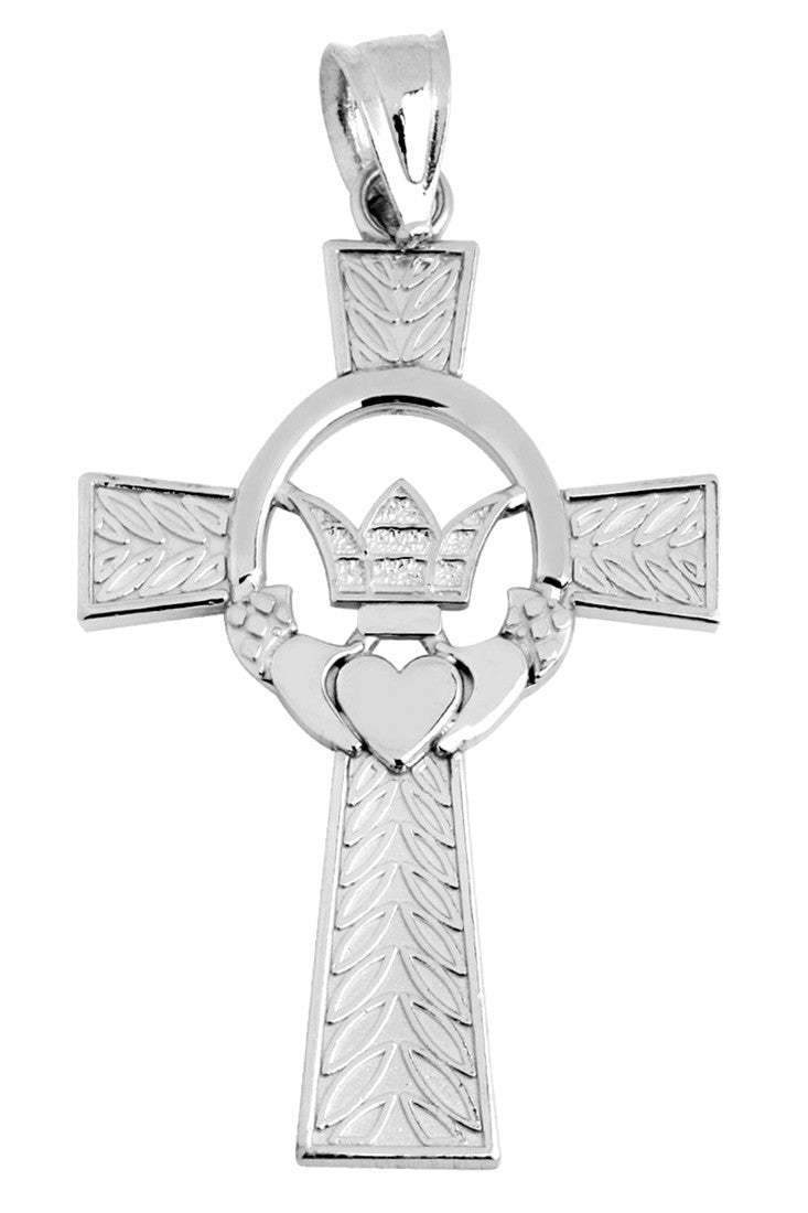 White Gold Claddagh Irish Cross Pendant Necklace