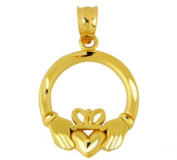 Gold Diamond Cut Irish Celtic Claddagh Heart Crown Pendant Necklace