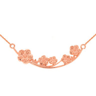 14K Solid Gold Flower Branch Plum Blossoms Sideways Pendant Necklace (Available in Yellow/Rose/White Gold)