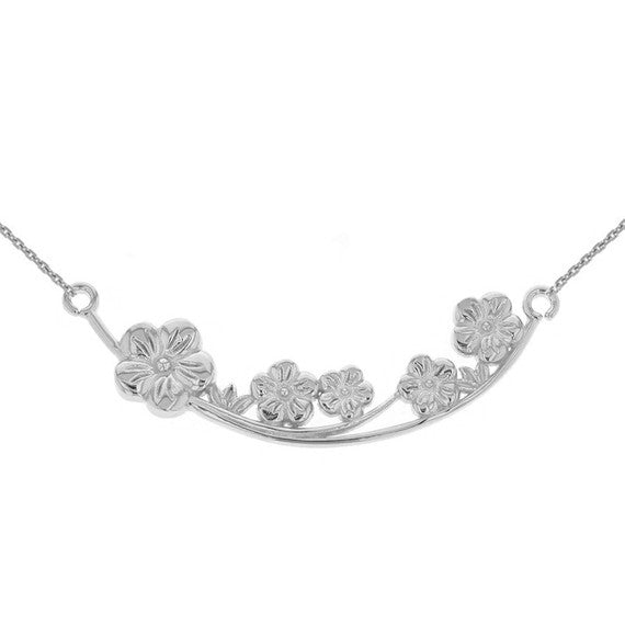 14K Solid Gold Flower Branch Plum Blossoms Sideways Pendant Necklace (Available in Yellow/Rose/White Gold)