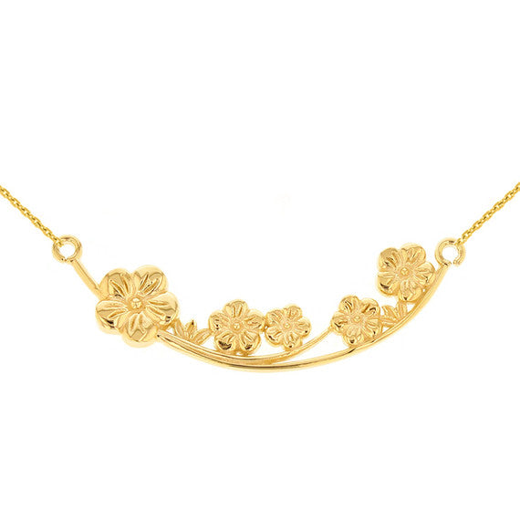 14K Solid Gold Flower Branch Plum Blossoms Sideways Pendant Necklace (Available in Yellow/Rose/White Gold)