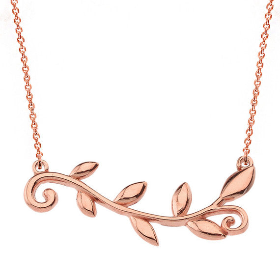 14k Solid Gold Olive Branch Horizontal Necklace(Available in Yellow/Rose/White Gold)