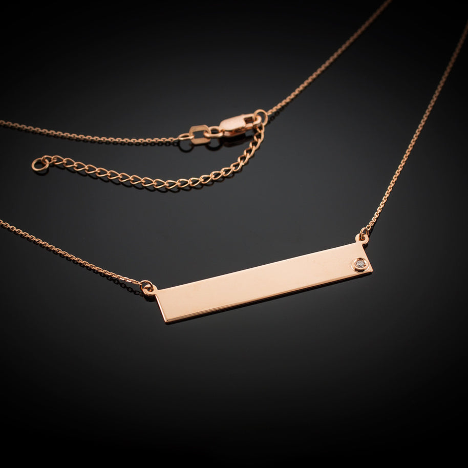 14k Gold Engravable Name Bar Necklace with Diamond (Available in Yellow/Rose/White Gold)