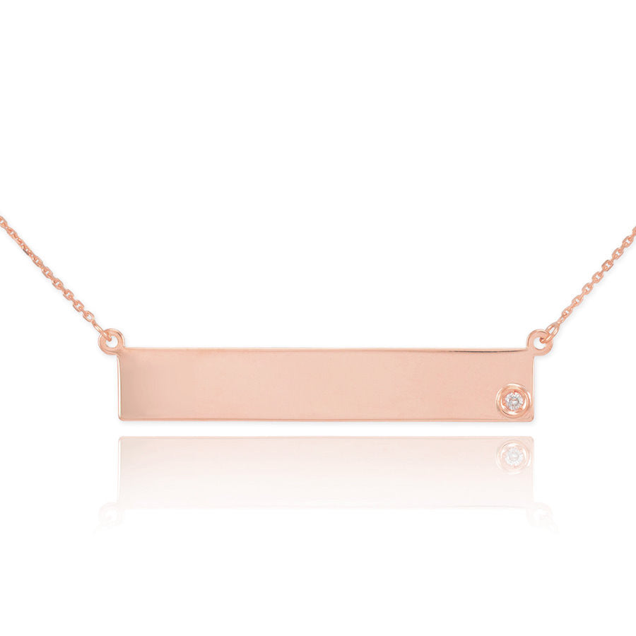 14k Gold Engravable Name Bar Necklace with Diamond (Available in Yellow/Rose/White Gold)