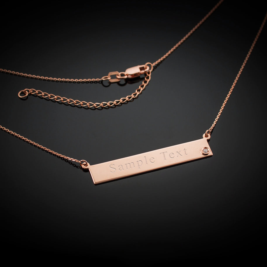 14k Gold Engravable Name Bar Necklace with Diamond (Available in Yellow/Rose/White Gold)