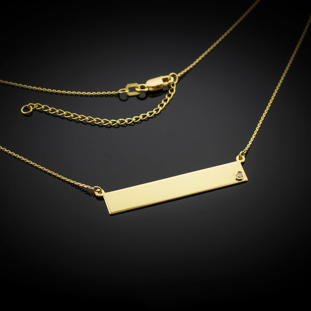 14k Gold Engravable Name Bar Necklace with Diamond (Available in Yellow/Rose/White Gold)