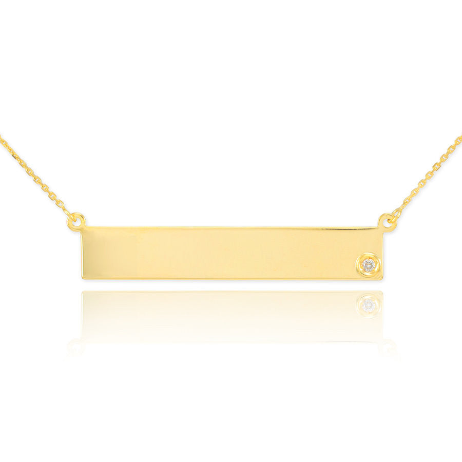 14k Gold Engravable Name Bar Necklace with Diamond (Available in Yellow/Rose/White Gold)