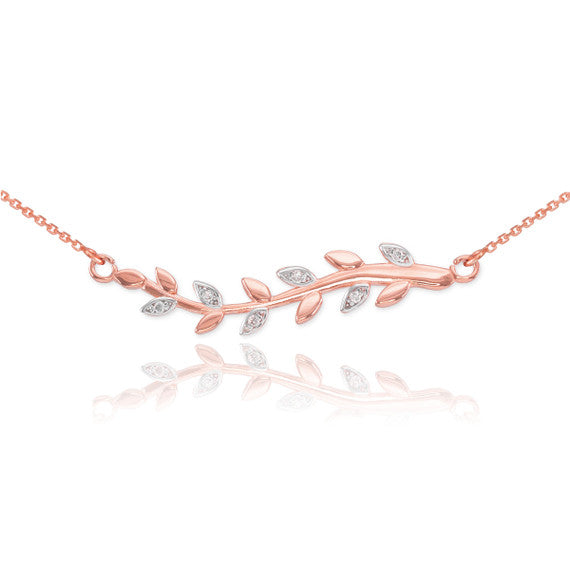 14K Gold Diamond Olive Branch Necklace(Available in Yellow/Rose/White)