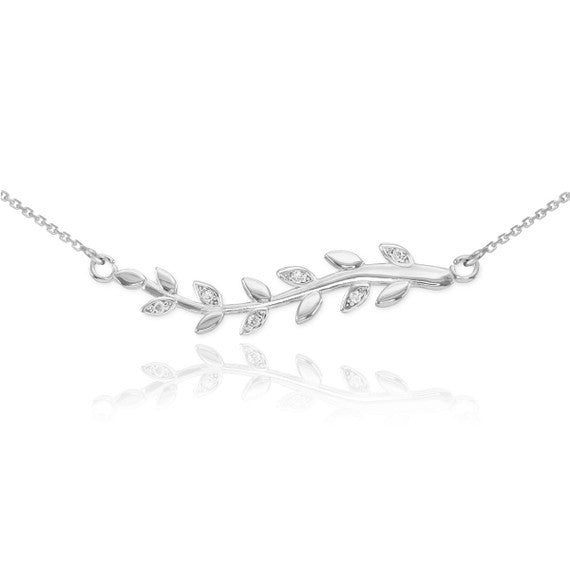 14K Gold Diamond Olive Branch Necklace(Available in Yellow/Rose/White)