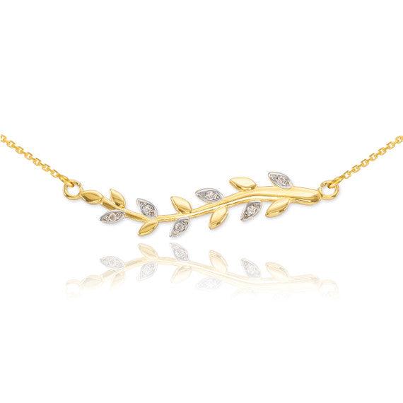 14K Gold Diamond Olive Branch Necklace(Available in Yellow/Rose/White)