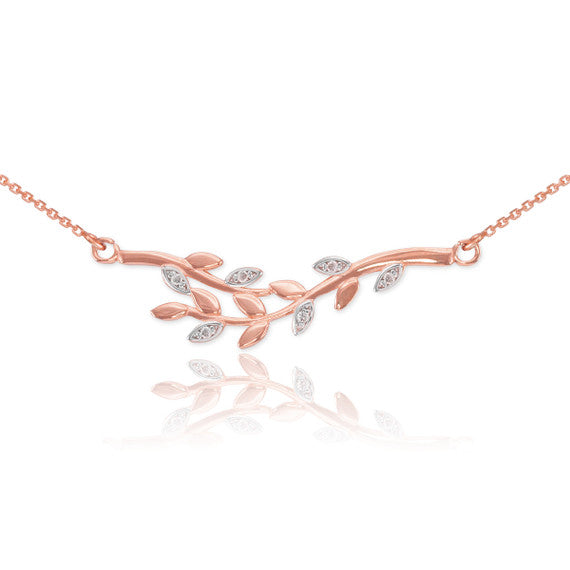14K Gold Olive Branch Necklace with Diamonds(Available In Yellow/Rose/White Gold)