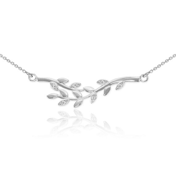 14K Gold Olive Branch Necklace with Diamonds(Available In Yellow/Rose/White Gold)