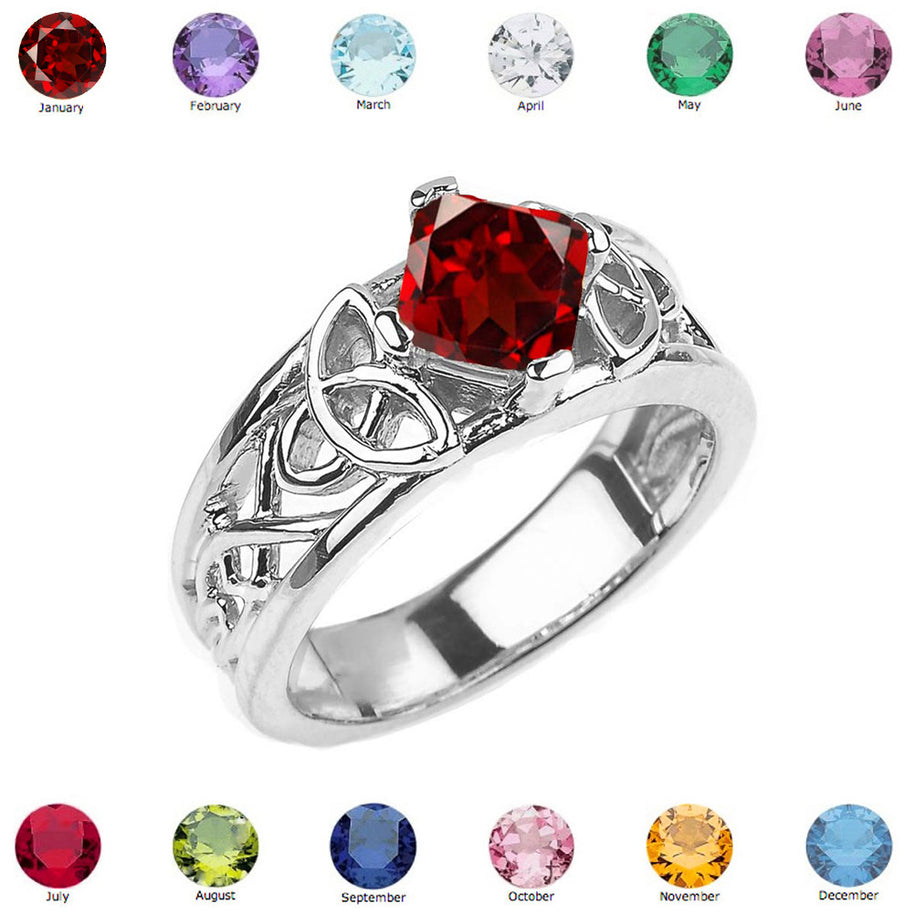 .925 Sterling Silver Personalized Princess Cut Birthstone Irish Celtic Trinity Knot Band Ring
