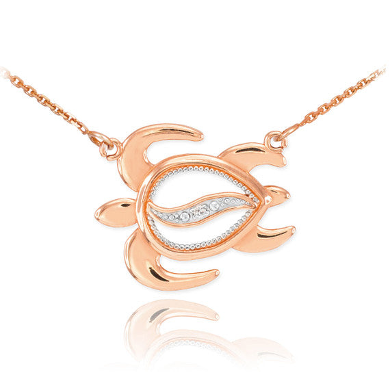14k Yellow Gold Diamond Sea Turtle Necklace(Available in Yellow/Rose/White)