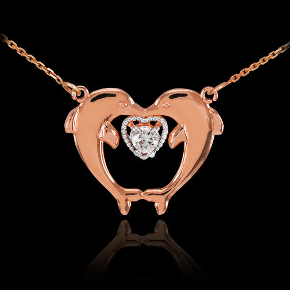 14k Gold Two Dolphins CZ Necklace (Available in Yellow Gold/Rose Gold/White Gold)