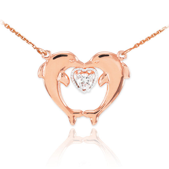 14k Gold Two Dolphins CZ Necklace (Available in Yellow Gold/Rose Gold/White Gold)