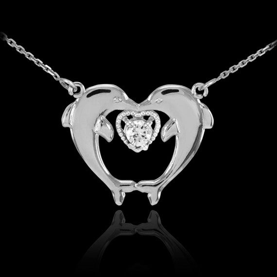 Sterling Silver Two Dolphins CZ Necklace