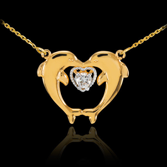 14k Gold Two Dolphins CZ Necklace (Available in Yellow Gold/Rose Gold/White Gold)