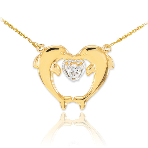14k Gold Two Dolphins CZ Necklace (Available in Yellow Gold/Rose Gold/White Gold)