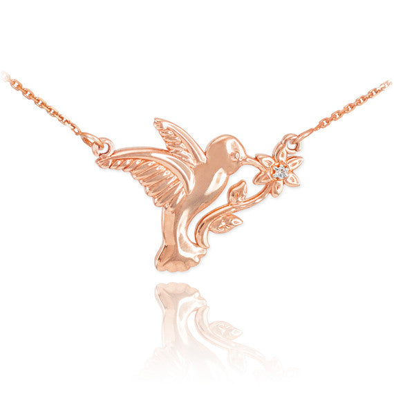 14k Gold Hummingbird with Diamond Flower Necklace(Available In Yellow/Rose/White Gold)