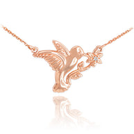 14k Gold Hummingbird with Diamond Flower Necklace(Available In Yellow/Rose/White Gold)