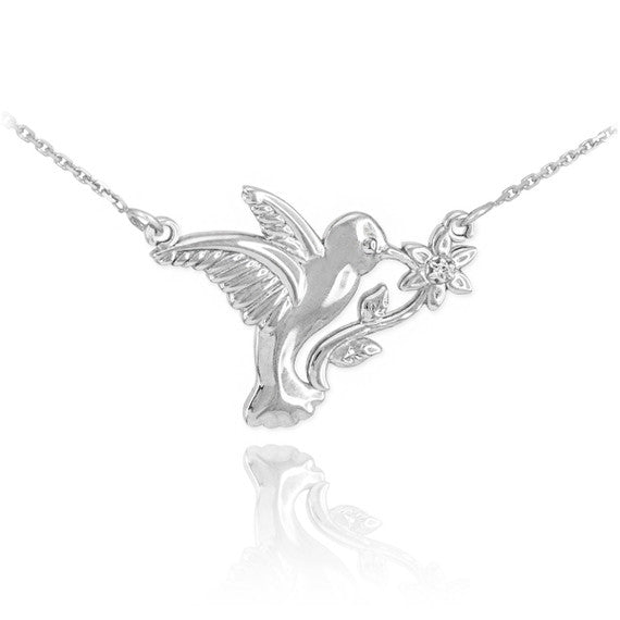 14k Gold Hummingbird with Diamond Flower Necklace(Available In Yellow/Rose/White Gold)
