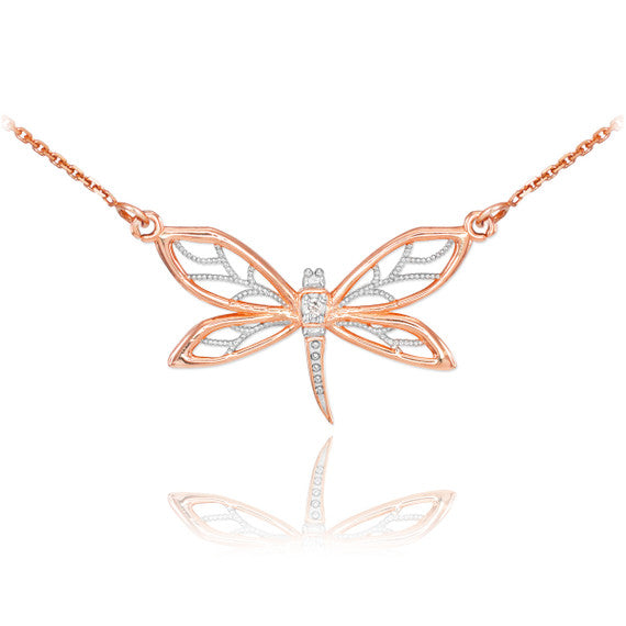 14k Gold Diamond Dragonfly Filigree Necklace(Available In Yellow/Rose/White Gold)