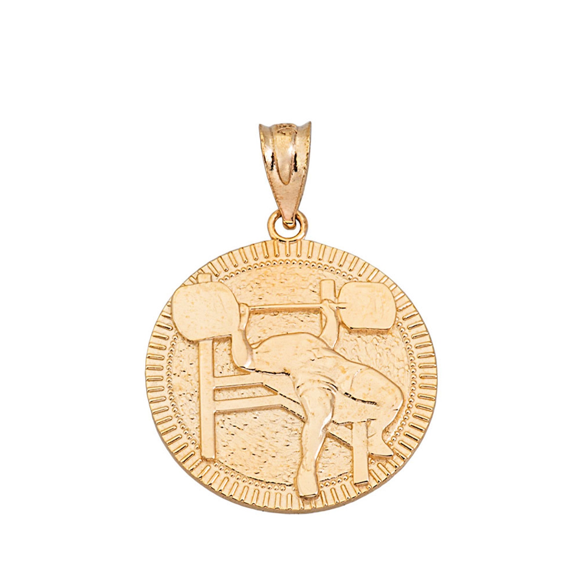 Gold Bench Press Weightlifting Medallion Pendant Necklace(Available in Yellow/Rose/White)