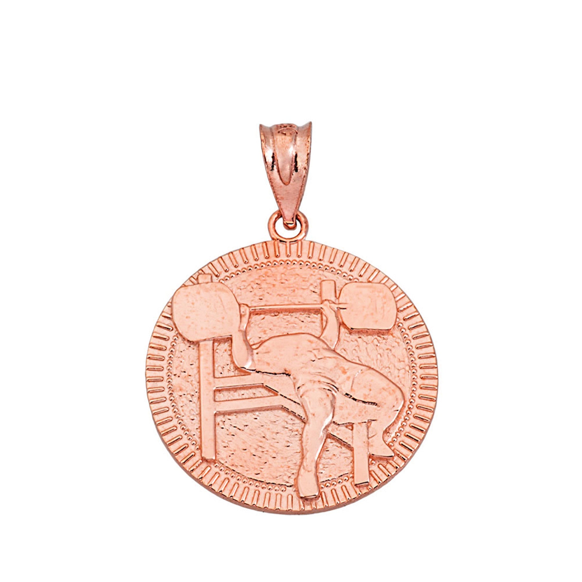 Gold Bench Press Weightlifting Medallion Pendant Necklace(Available in Yellow/Rose/White)