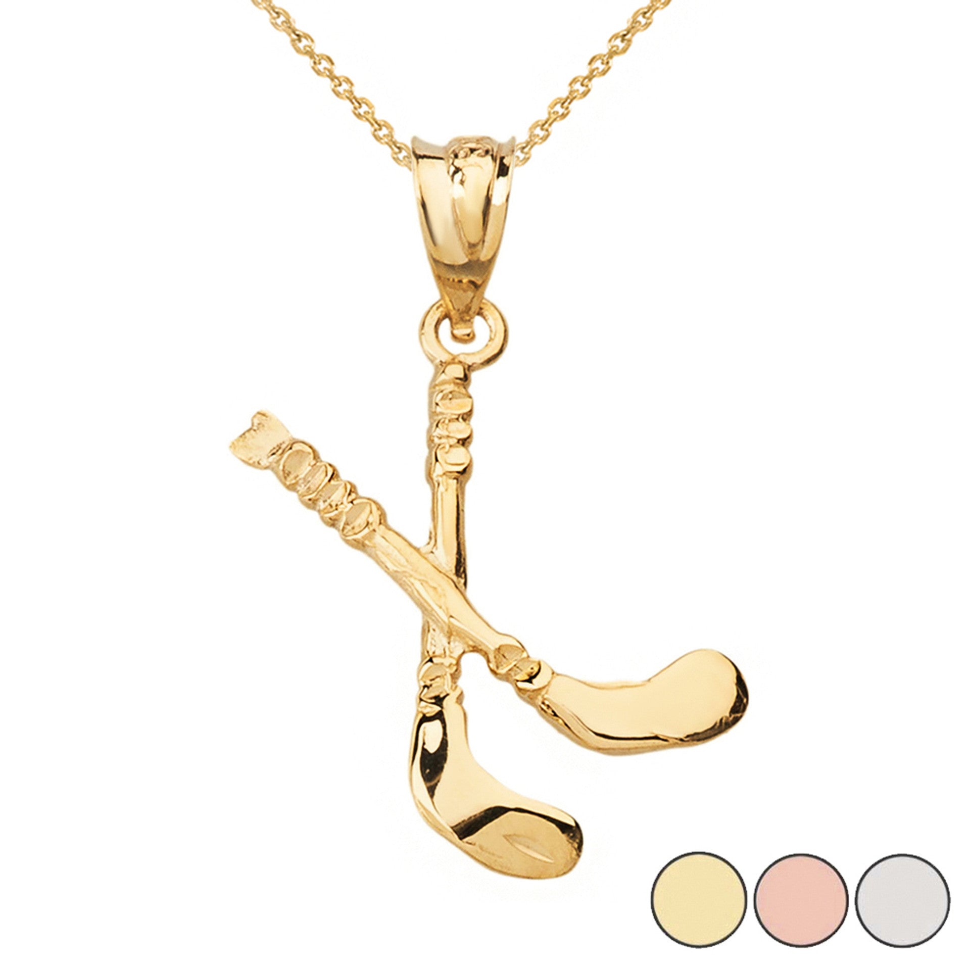 Solid Gold Hockey Sticks 3D Pendant Necklace (Available in Yellow/Rose/White Gold)