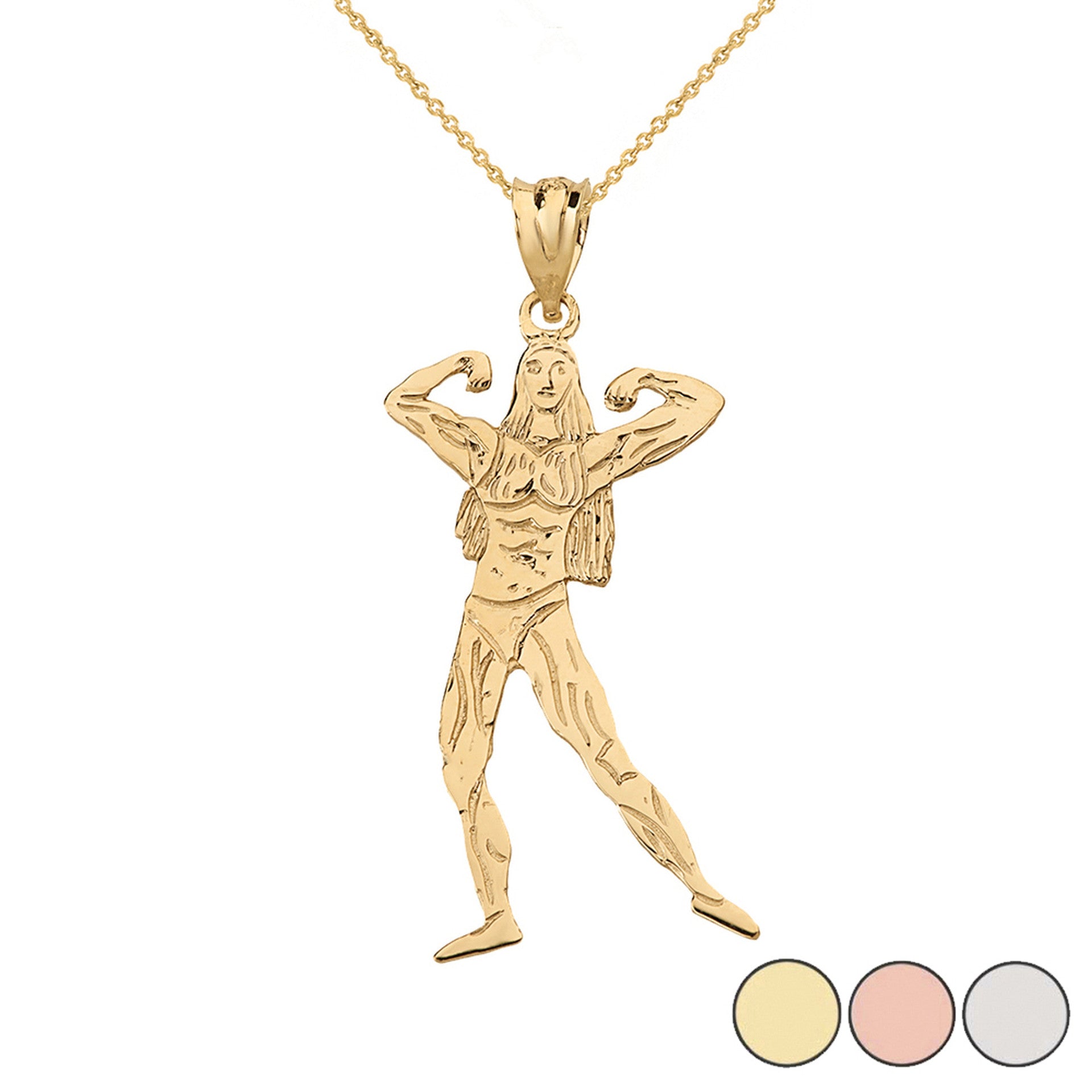 Weightlifting Fitness Sport Female Bodybuilder Pendant Necklace in Solid Gold (Yellow/Rose/White)