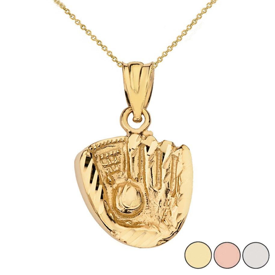 Solid Gold Diamond Cut Baseball Glove Pendant Necklace (Available in Yellow/Rose/White)