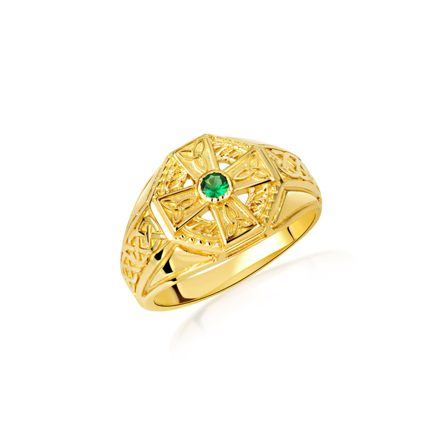 Gold Irish Celtic Trinity Knot Cross Emerald Birthstone Ring (Available in Yellow/White Gold)