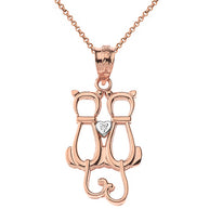 Gold Pet Cats Silhouette Diamond Heart Pendant Necklace (Available in Yellow/Rose/White Gold)